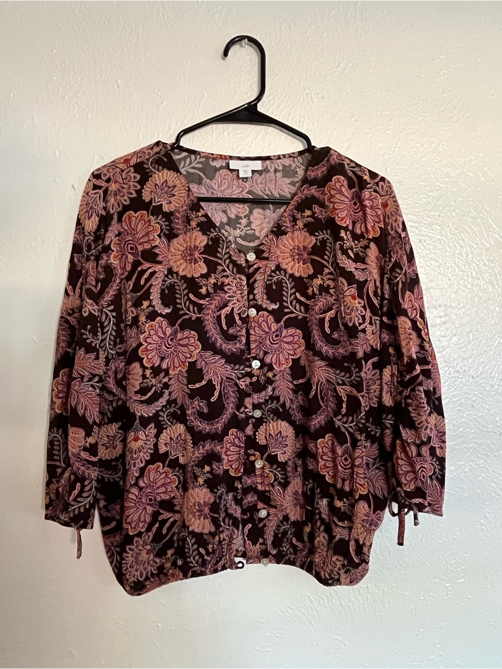 J. Jill Black Velvet Button-Front Top with Pink Floral Pattern